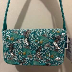 Handcrafted Made in India Teal Fish Beaded Shoulder Bag